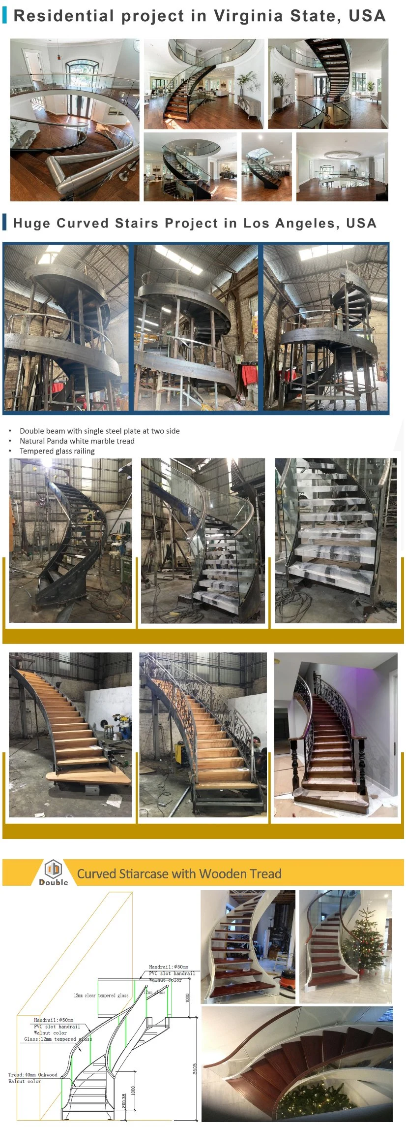 Modern Steel Spiral Staircase Design Wood Marble Stairs Metal Curved Staircase